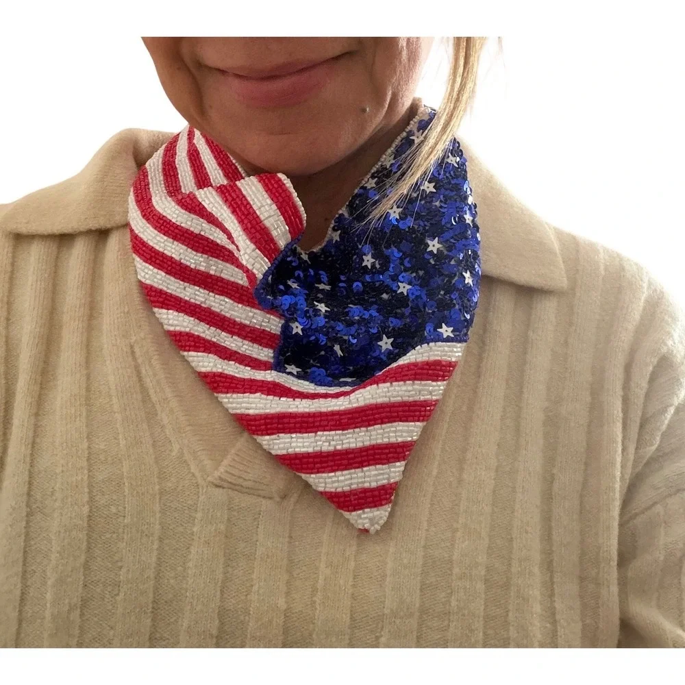 American Flag Beaded Bandana Scarf Patriotic Red White Blue Sequin Neckerchief - Picture 3 of 5
